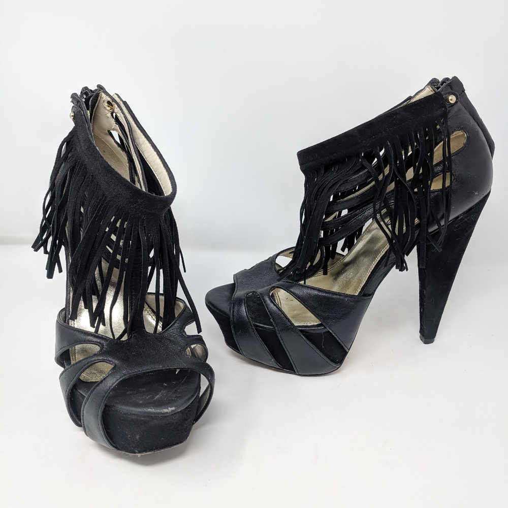 Bebe | leather black fringe heels - Picture 2 of 5